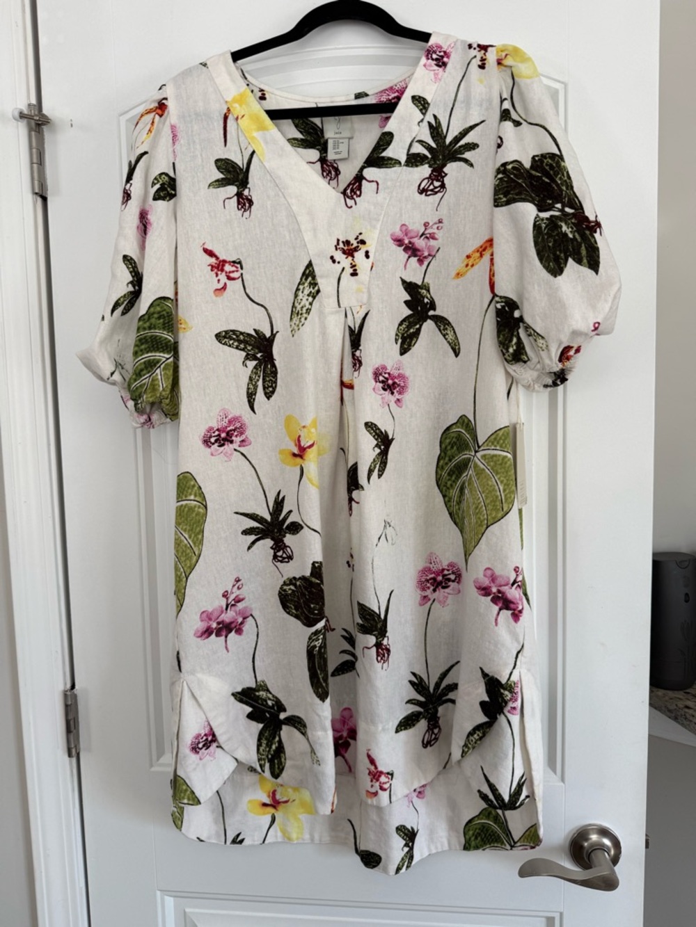 Joie White Floral Puff-Sleeve V-Neck Tunic with Pink, Green & Yellow Print NWT